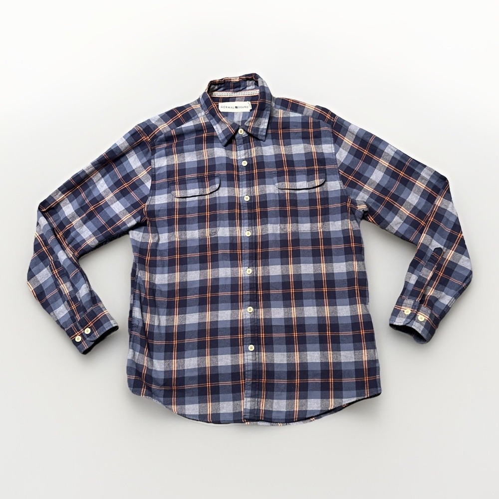 The Normal‎ Brand Flannel Shirt Mens Size Large Orange Blue Gray Plaid Cozy